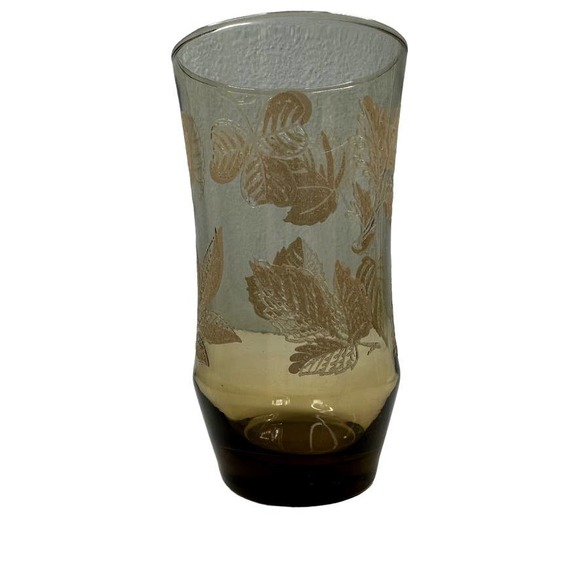 Libbey Other - Vintage Libby Smokey Brown Glass with Clear Cream Embossed Leaves Tumbler Glass